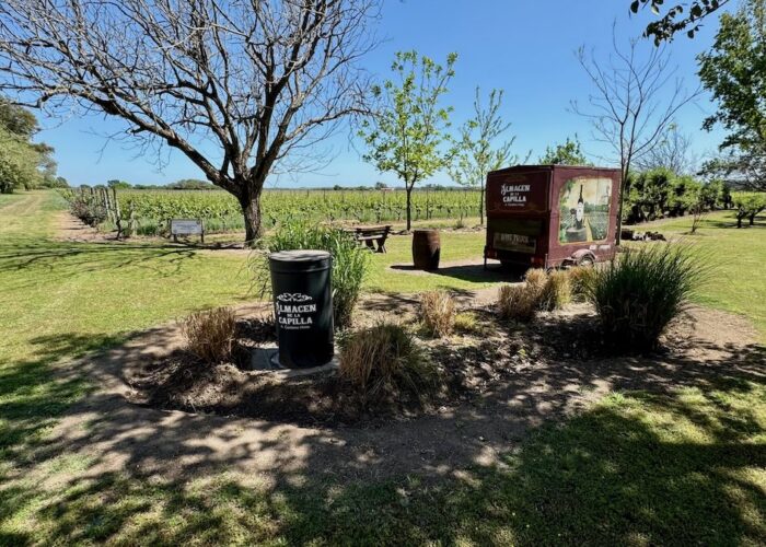 Vineyard in Carmelo, Uruguay, at the beginning of spring, featuring Almacén de la Capilla wine truck and Bodega Cordano, part of Wine Tours in Style’s exclusive experience