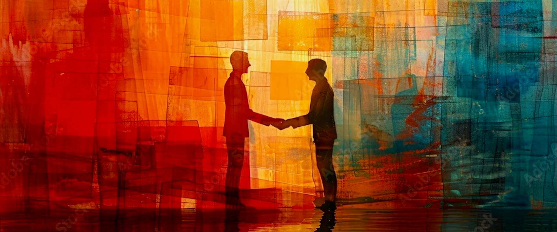 Abstract painting with two figures shaking hands in warm red and blue tones, symbolizing trust, agreement, and partnership. Featured by Wine Tours in Style to represent the General Terms and Conditions of Booking.